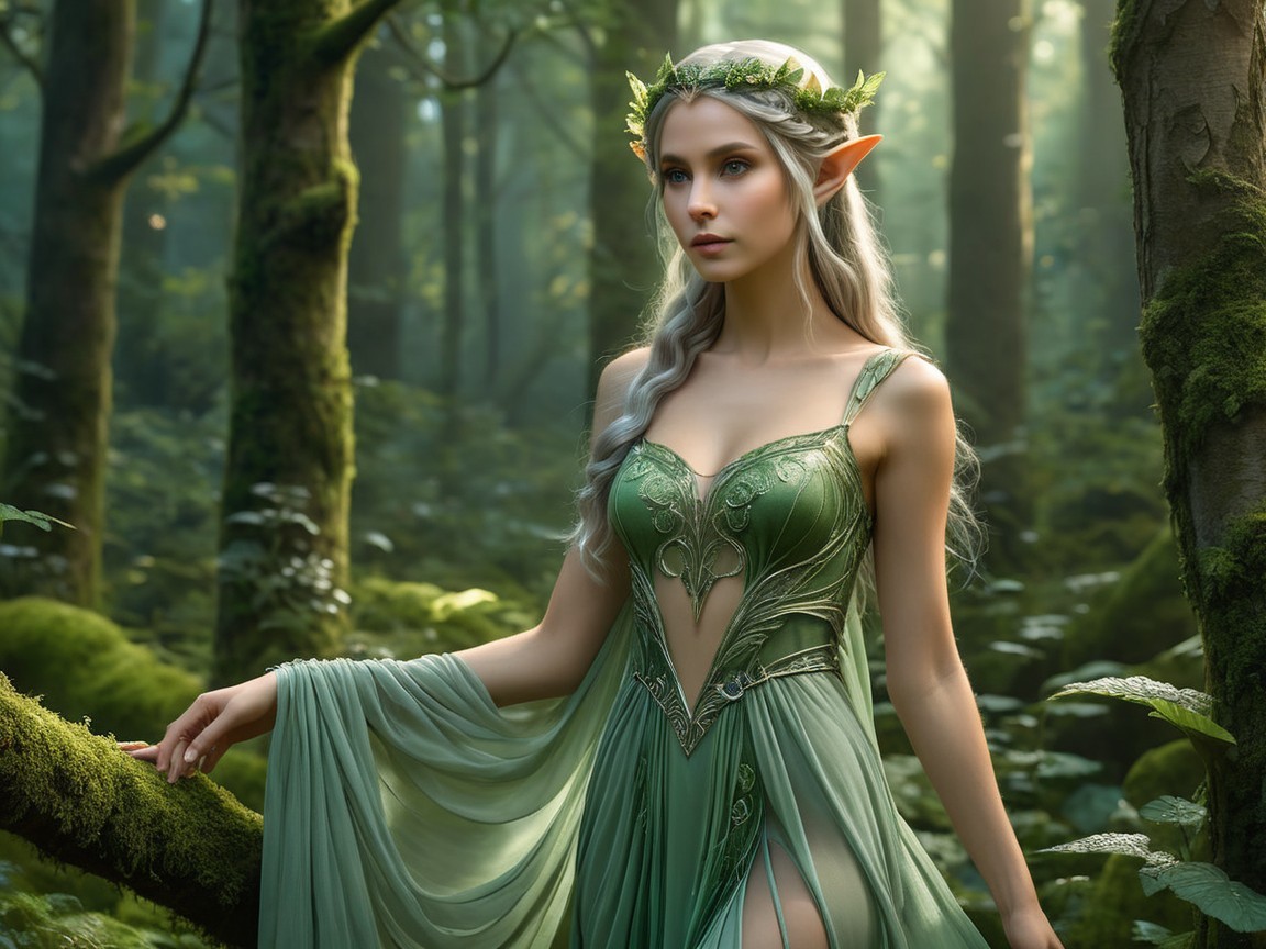 Elf in Emerald Gown Surrounded by Enchanted Forest