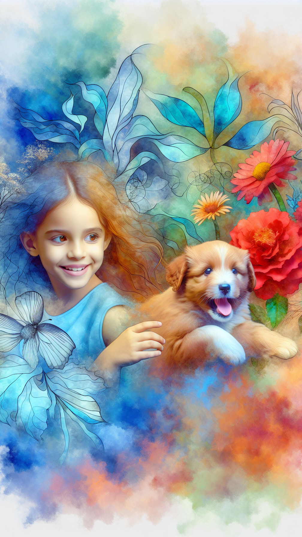 Joyful girl and fluffy puppy in a colorful scene