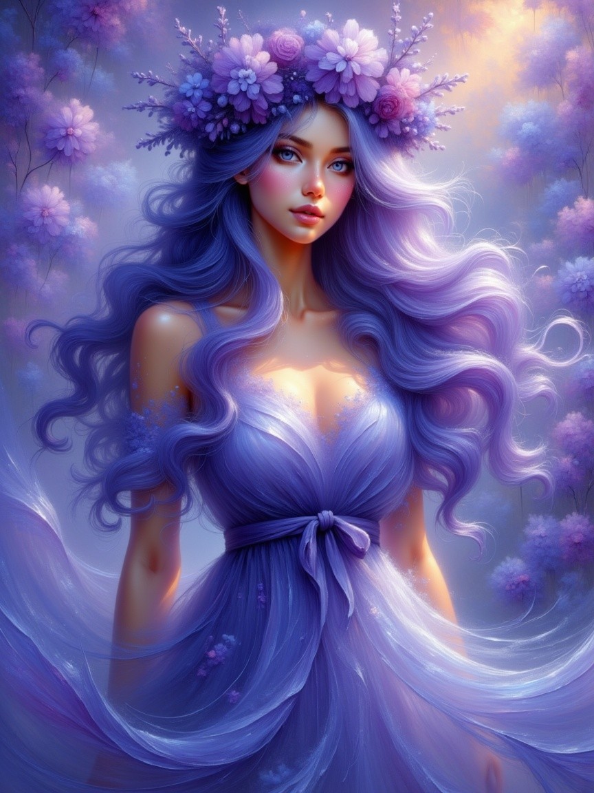 Ethereal figure in lavender gown in dreamy landscape
