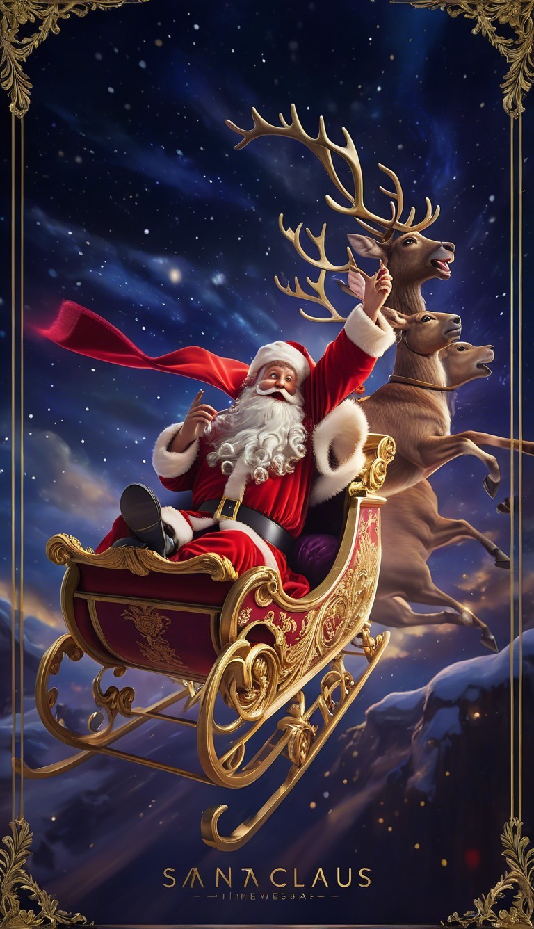 Santa Claus in Ornate Sleigh with Reindeer and Snowflakes