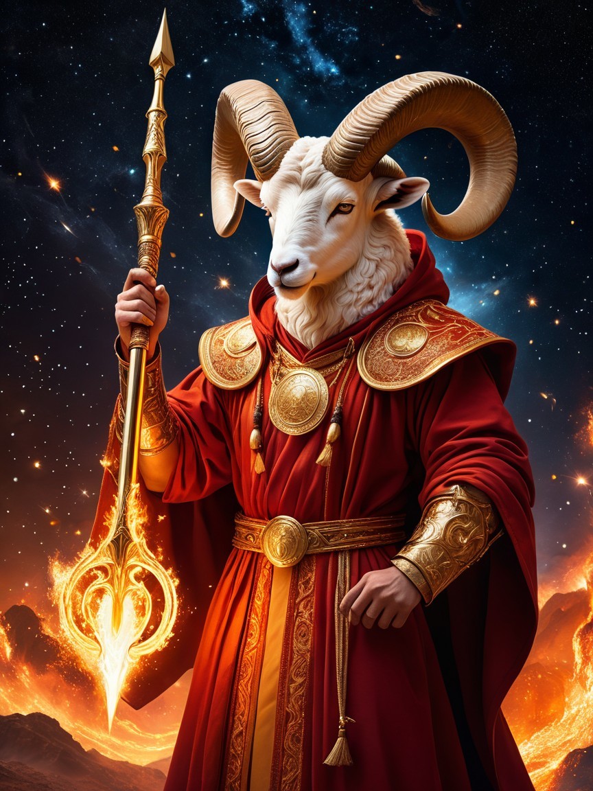 Majestic Cosmic Figure with Ram Head and Golden Spear