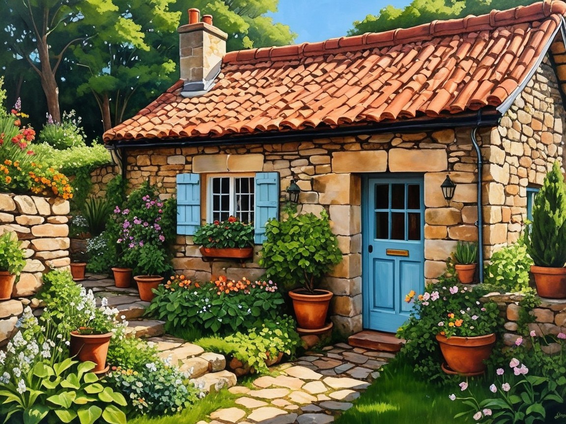 Charming Stone Cottage with Blue Door and Lush Garden