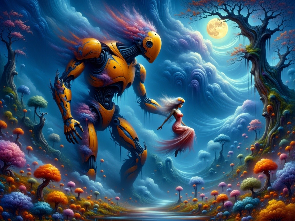 Dreamlike Landscape with Robot and Ethereal Figure