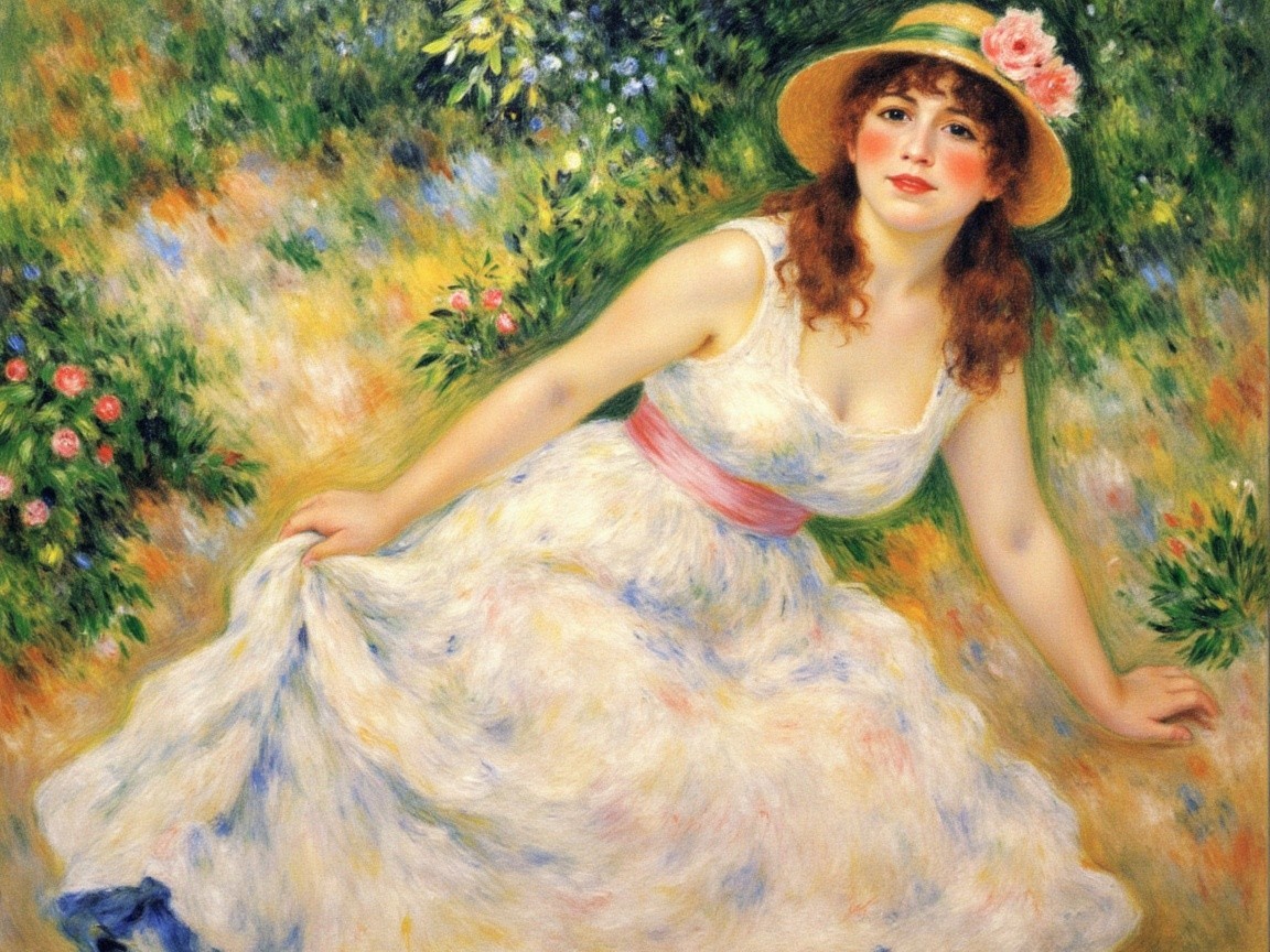 Young Woman in Floral Dress in Vibrant Garden Setting
