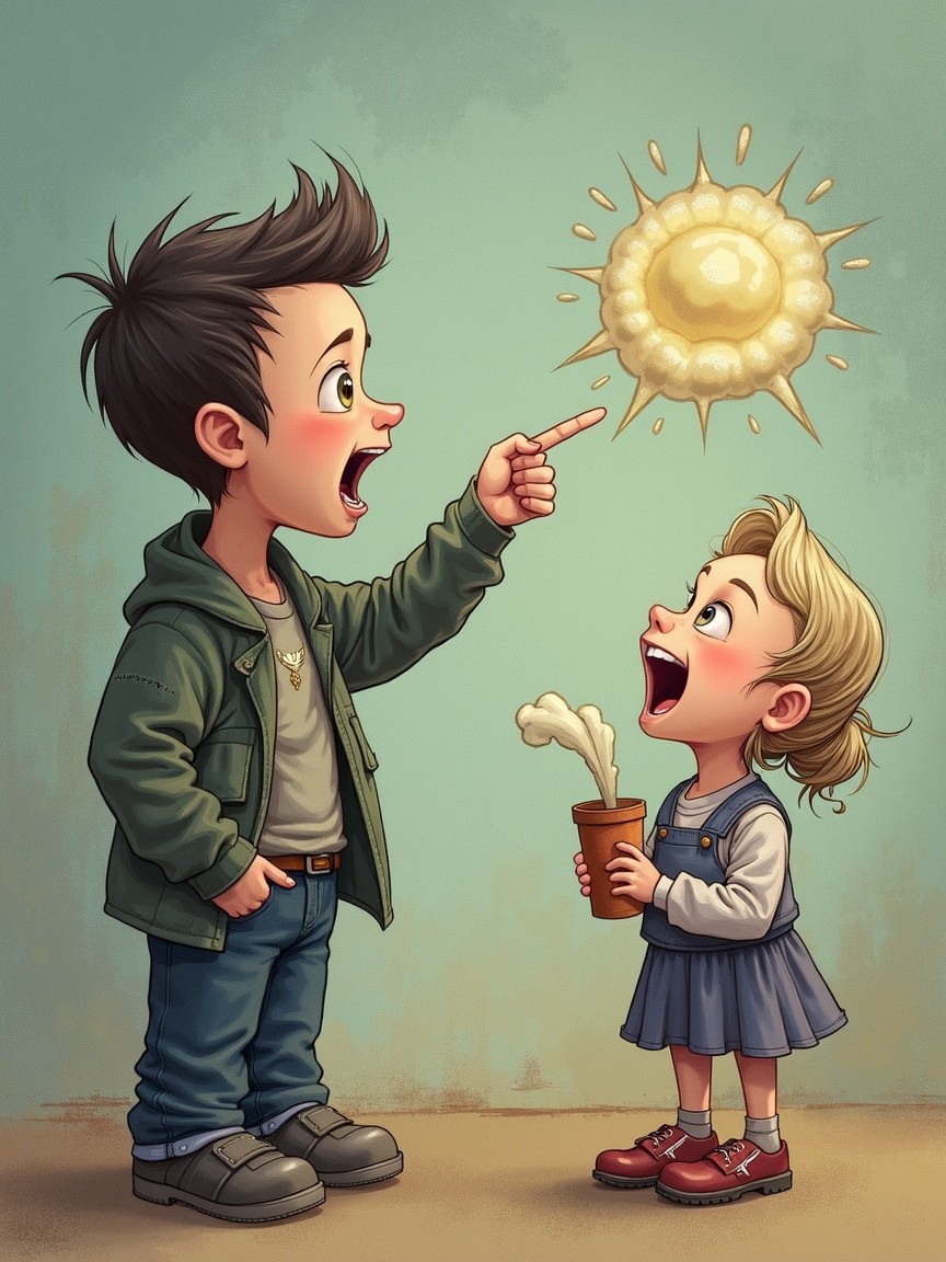 Animated Children Interacting Under Cartoonish Sun