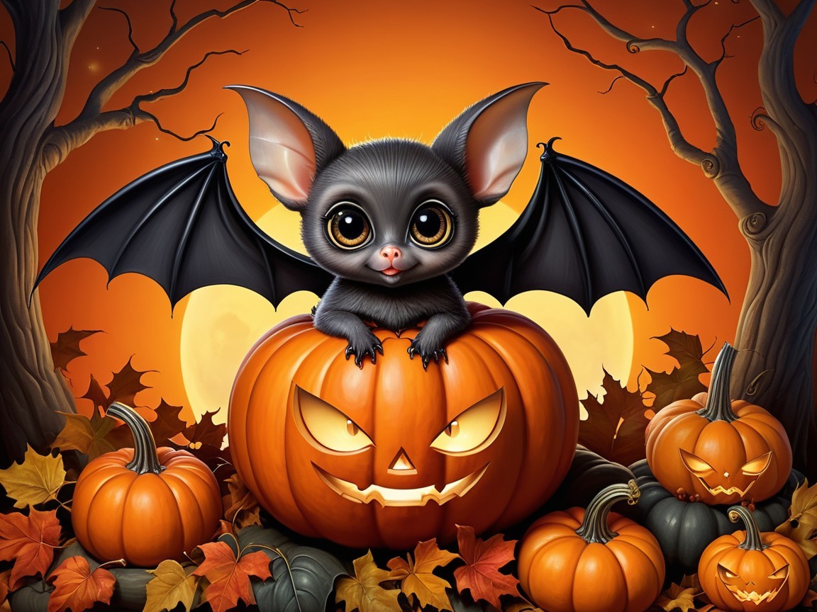 Whimsical Bat Creature on Pumpkin in Halloween Setting