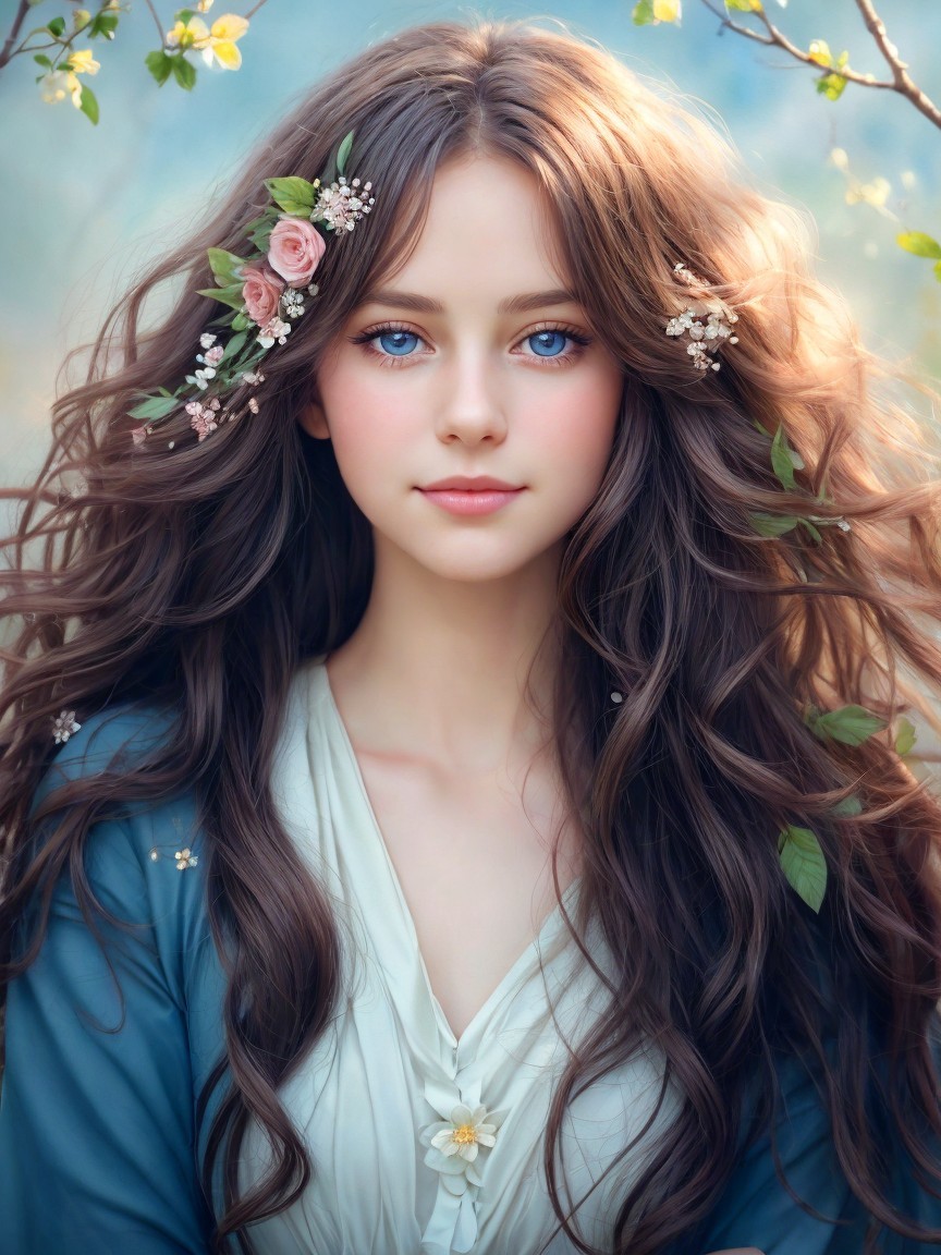 Young woman with flowers in hair and blue eyes