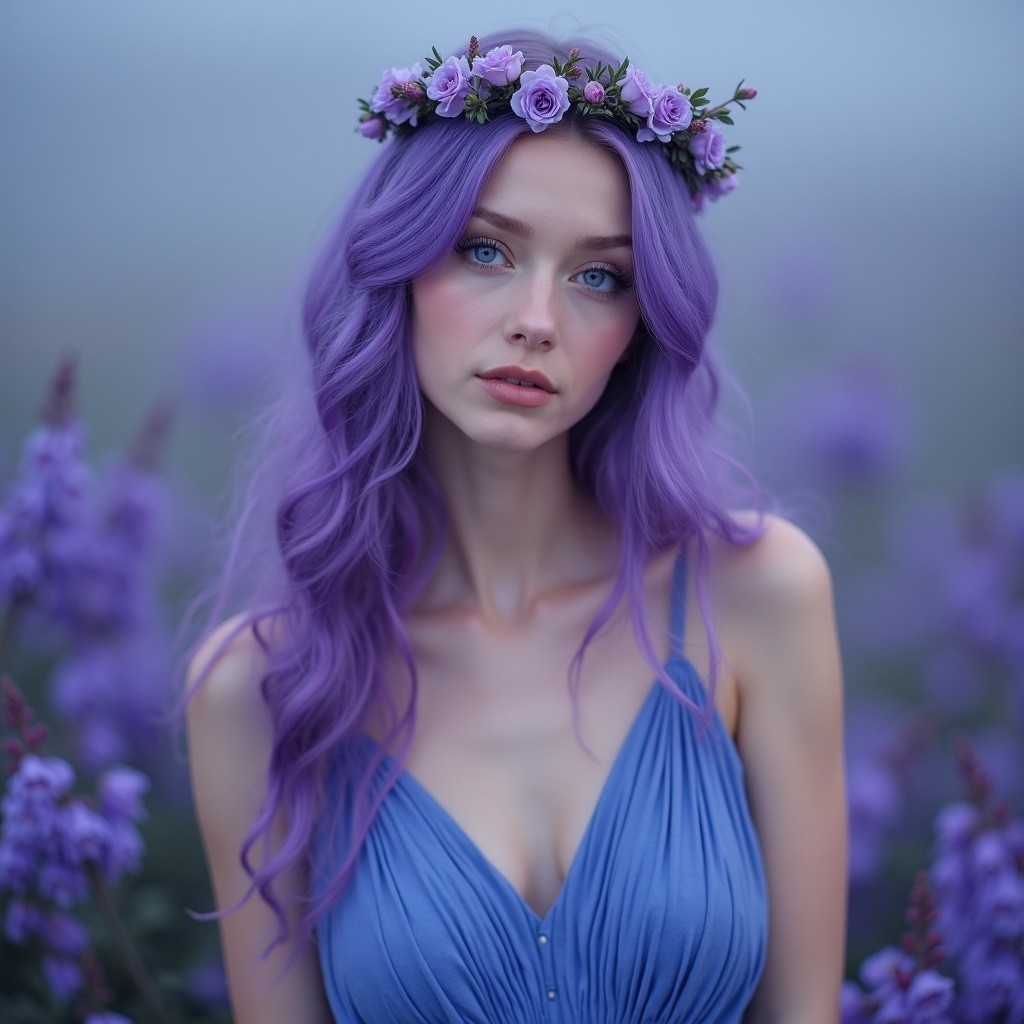 Young woman with purple hair in floral crown and dress