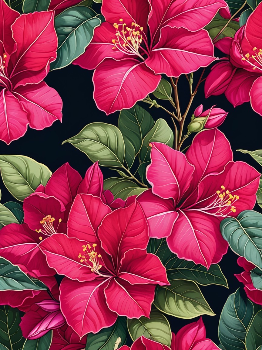 Vibrant Pink Hibiscus Flowers with Green Leaves Pattern