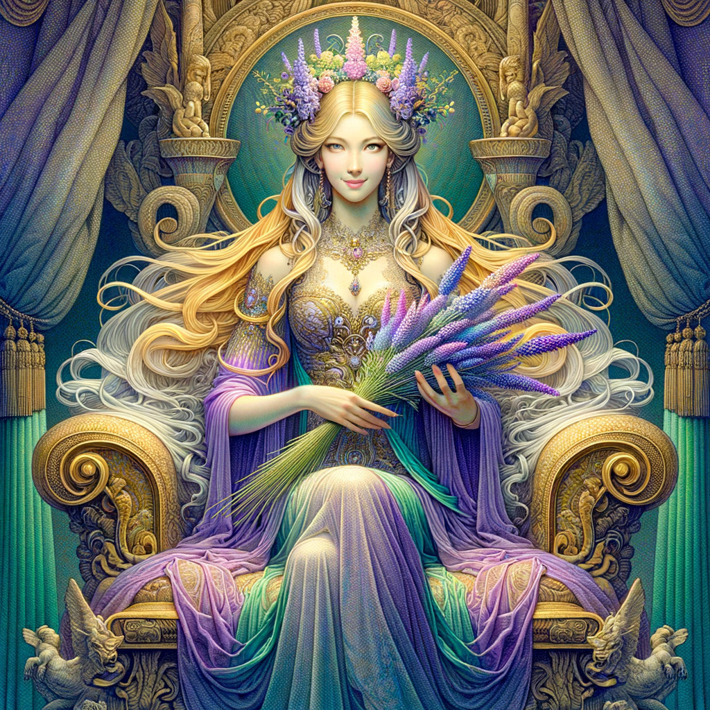 Regal figure on ornate throne in purple and gold robes