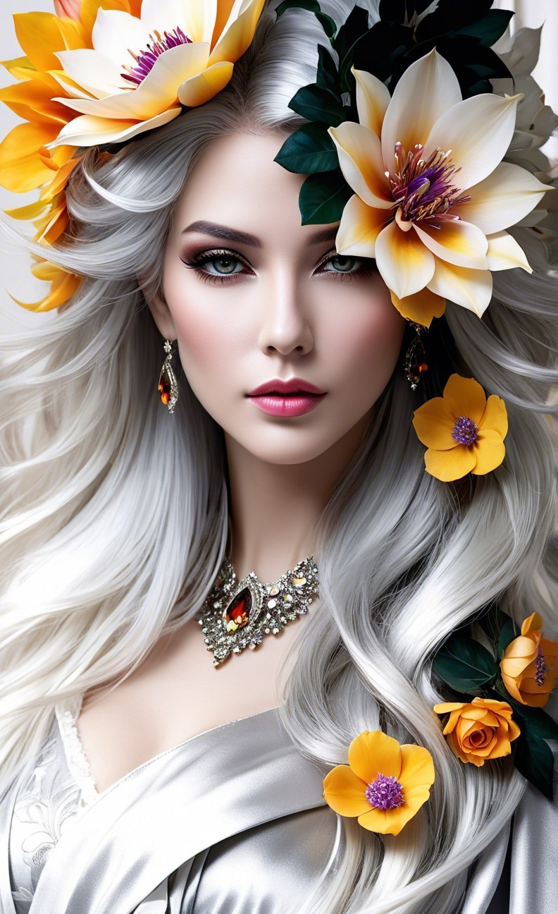 Portrait of a woman with silver hair and flowers