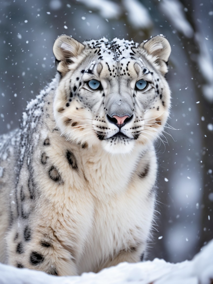 Snow Leopard in Snowy Landscape with Blue Eyes