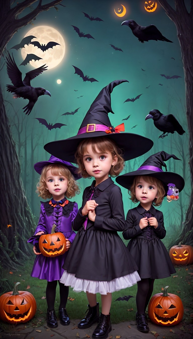 Young girls in witch costumes in enchanted forest