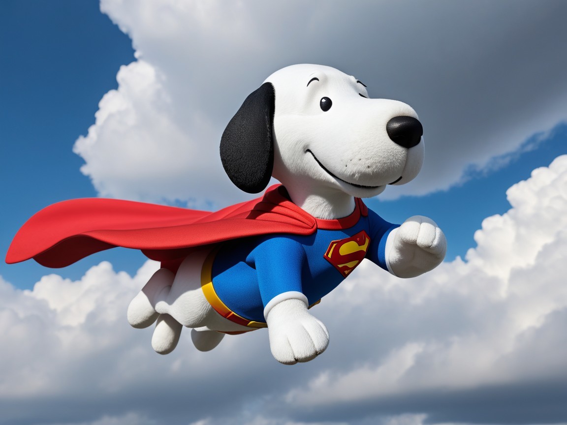Cartoon Dog in Superhero Costume Flying in Blue Sky