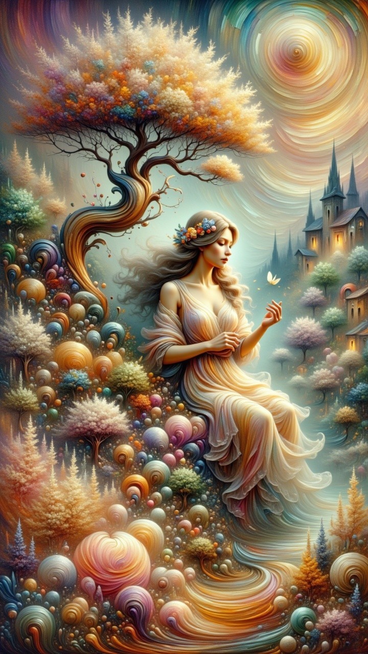 Ethereal Woman in Flowing Dress Surrounded by Fantasy