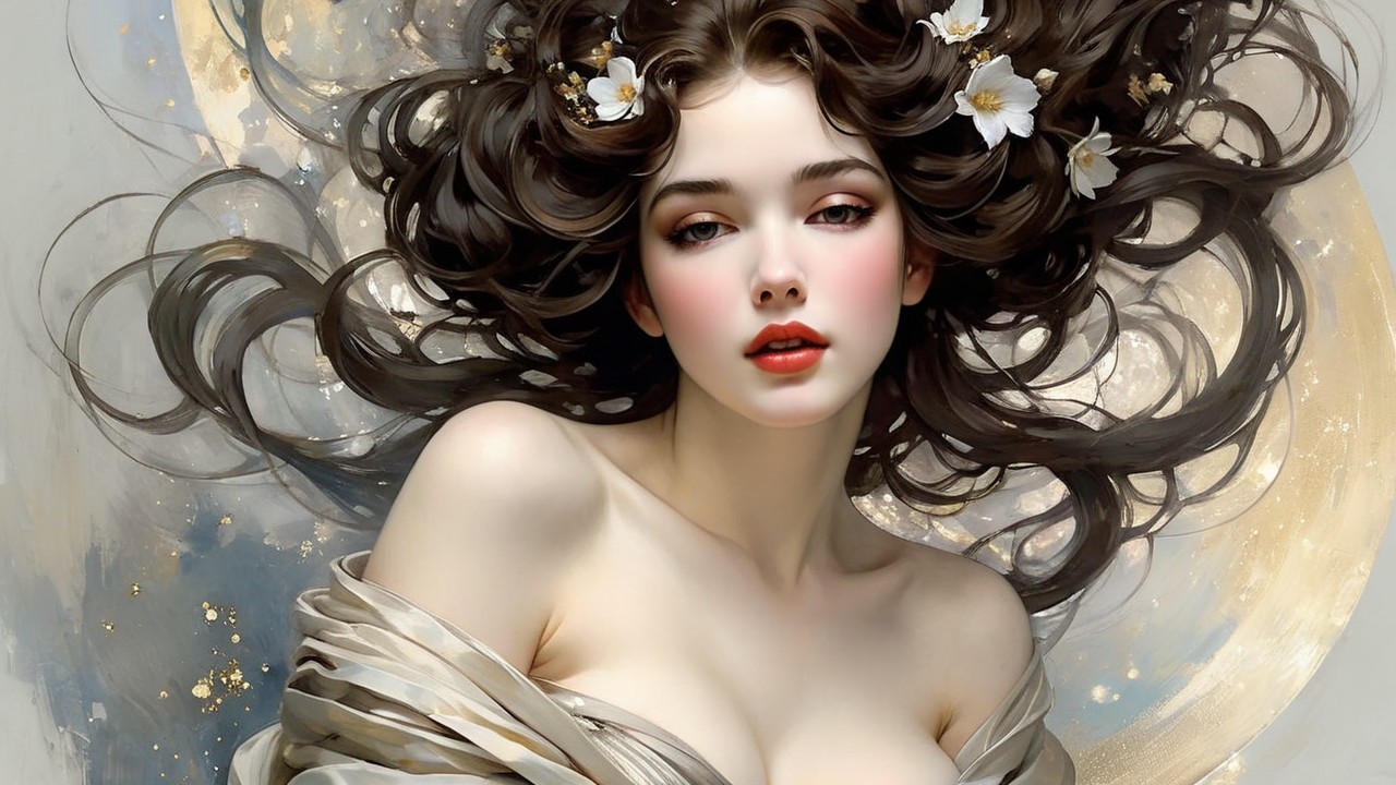 Portrait of a Young Woman with Dark Hair and Flowers