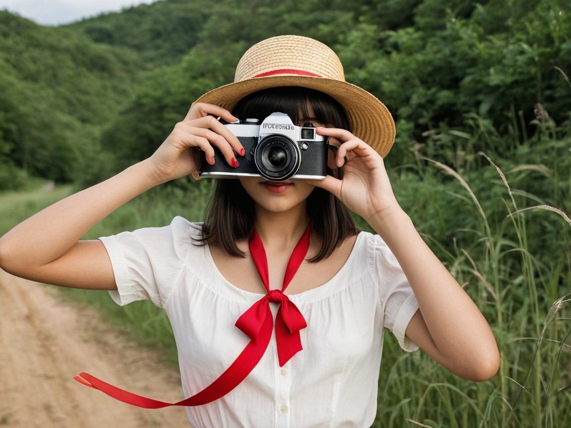 Young woman with vintage camera on a dirt path