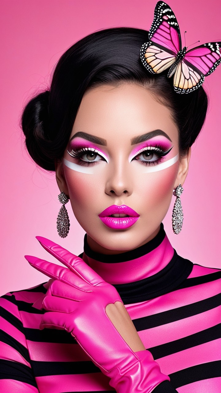 Fashion Model Portrait with Bold Pink Makeup and Attire