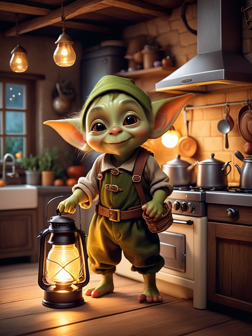 Whimsical Goblin Character in Cozy Kitchen Setting