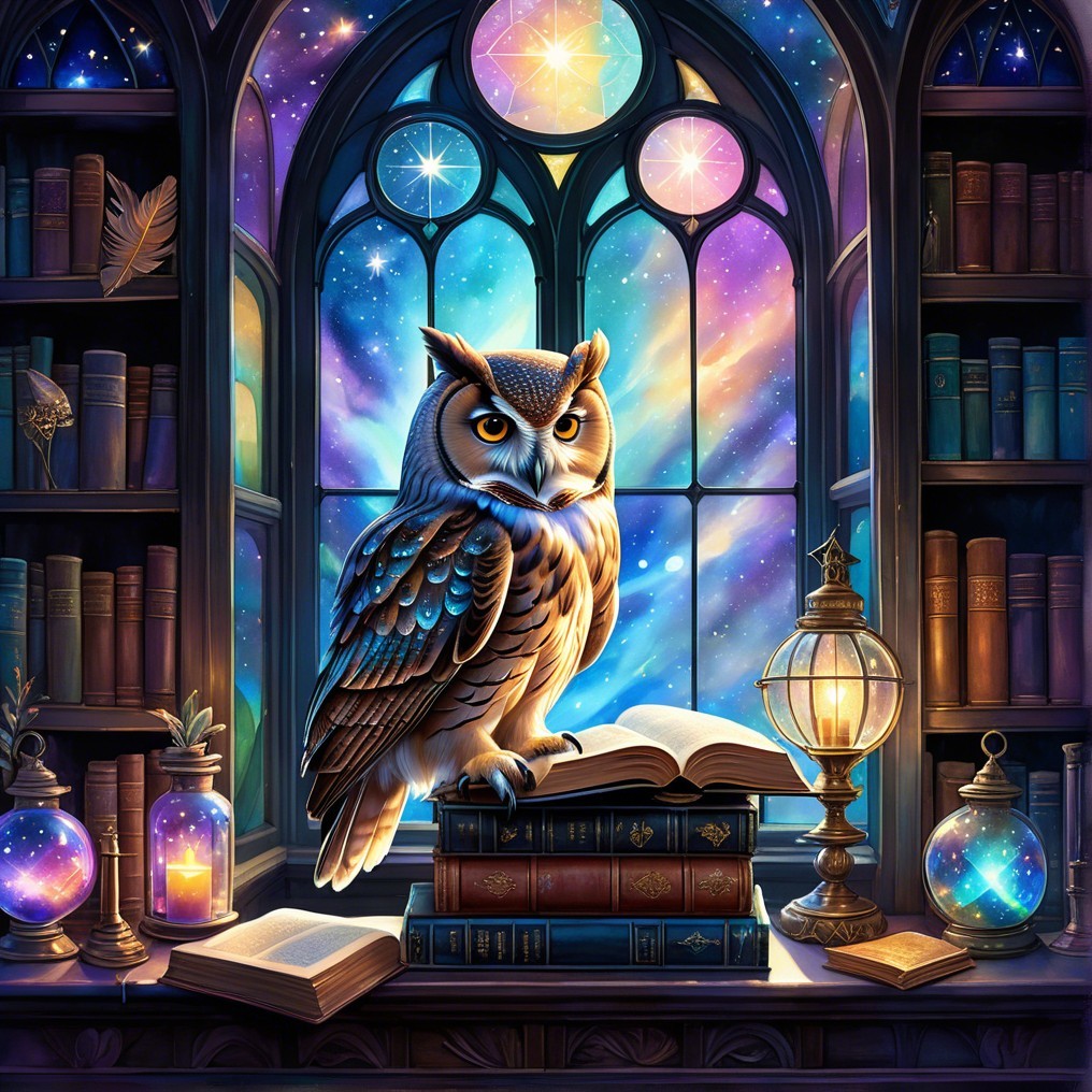 Majestic Owl in Cozy Library with Galaxy View