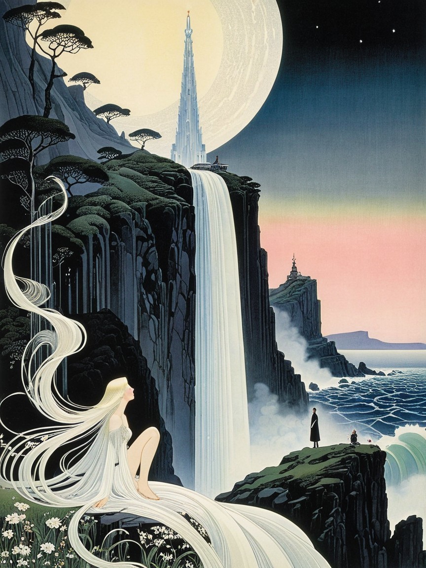 Fantastical Landscape with Waterfall and Ethereal Figure