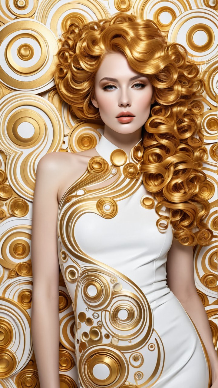 Golden Curly Hair Model in Elegant White Dress