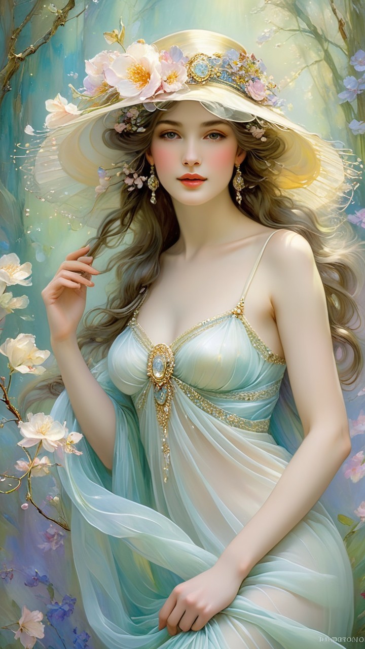 Graceful Woman in Ethereal Gown Surrounded by Blossoms