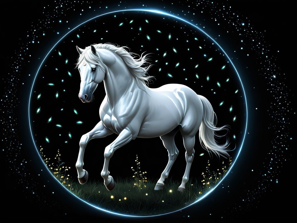 Majestic white horse in glowing circular frame with stars