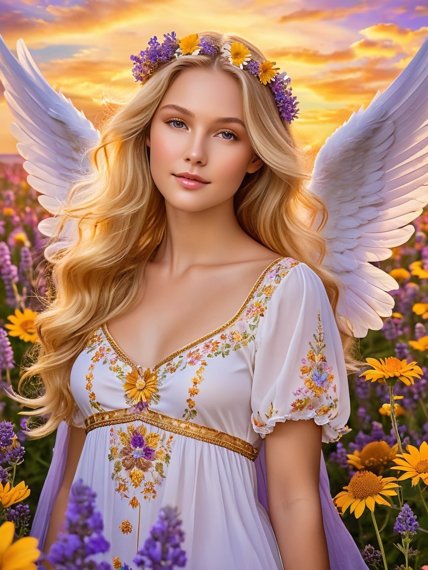 Young Woman with Angel Wings in Flower Field