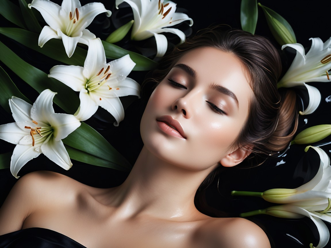 Serene Woman Surrounded by Lilies and Green Leaves