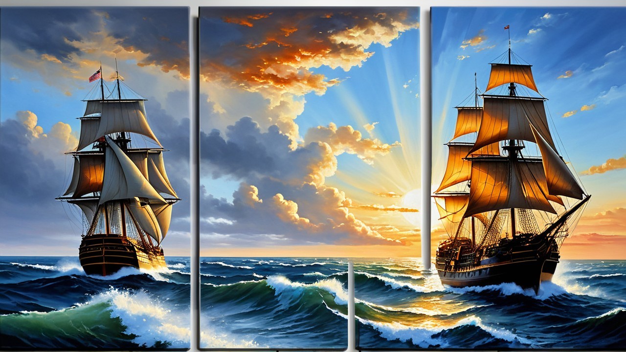 Triptych of Sailing Ships on Azure Waves and Sky