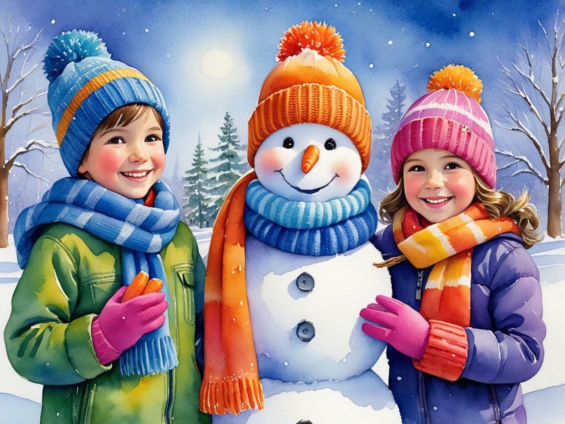 Children with Snowman in Winter Watercolor Scene