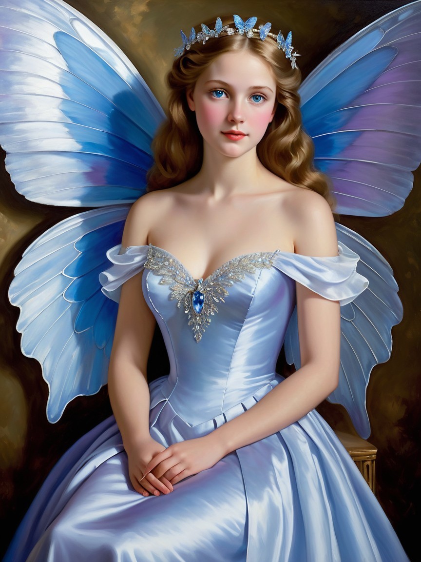 Serene fairy in light blue gown with butterfly wings