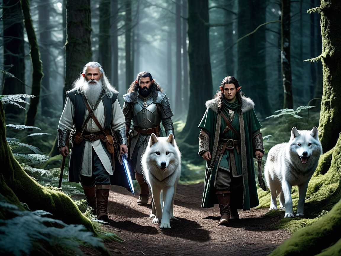 Three Figures in a Mystical Forest with Wolves