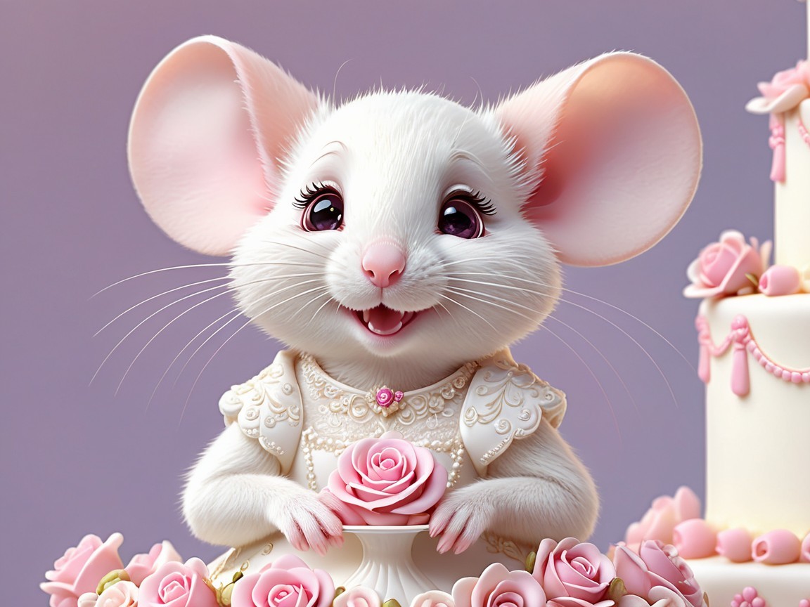 Cartoon White Mouse in Dress with Cake and Roses