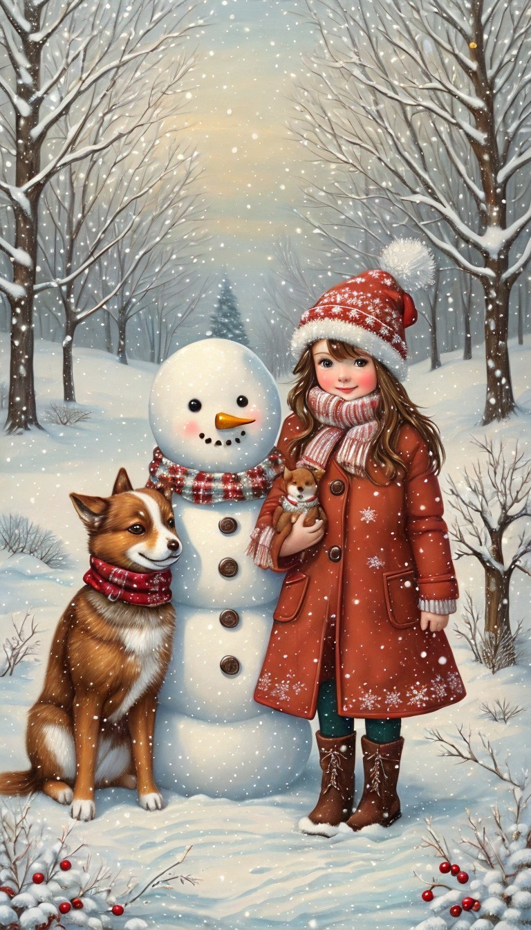 Young girl in red coat with puppy in snowy setting