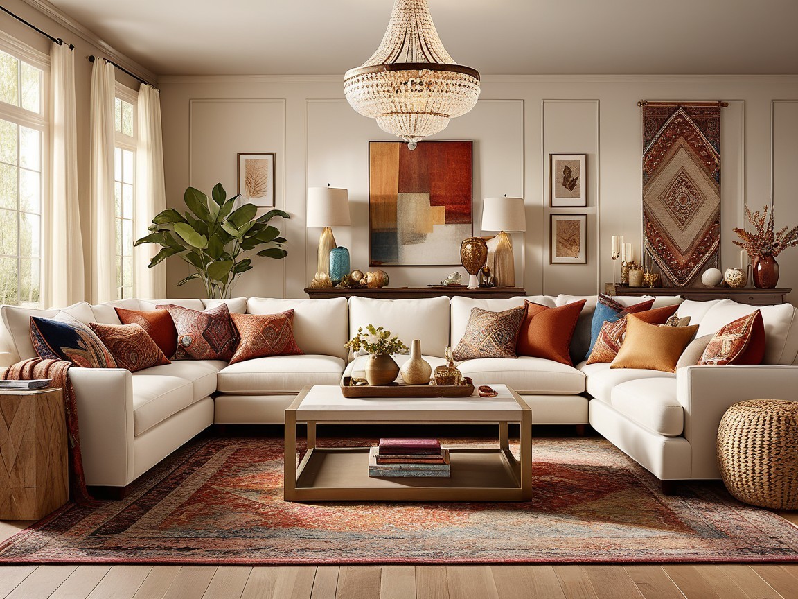 Spacious Living Room with White Sofa and Chic Decor