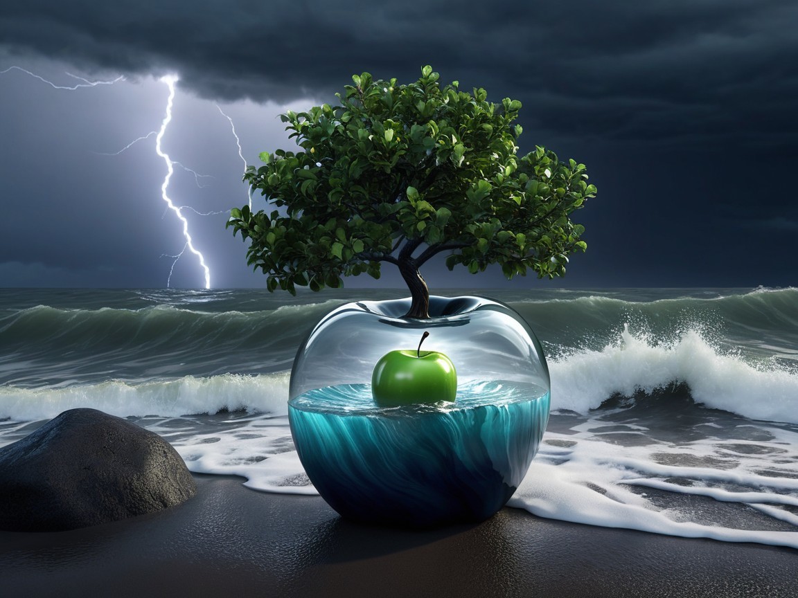 Transparent apple vessel with blue water and tree