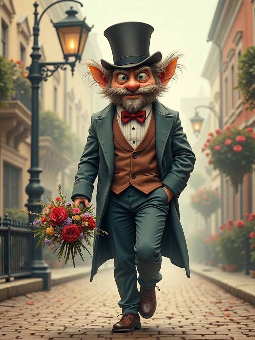 Whimsical Character in Elegant Attire on Cobblestone Street