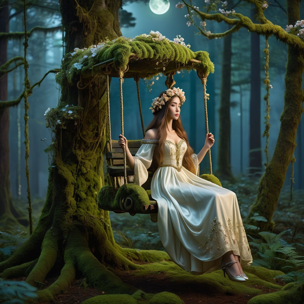Young Woman on Swing in Mystical Forest Scene
