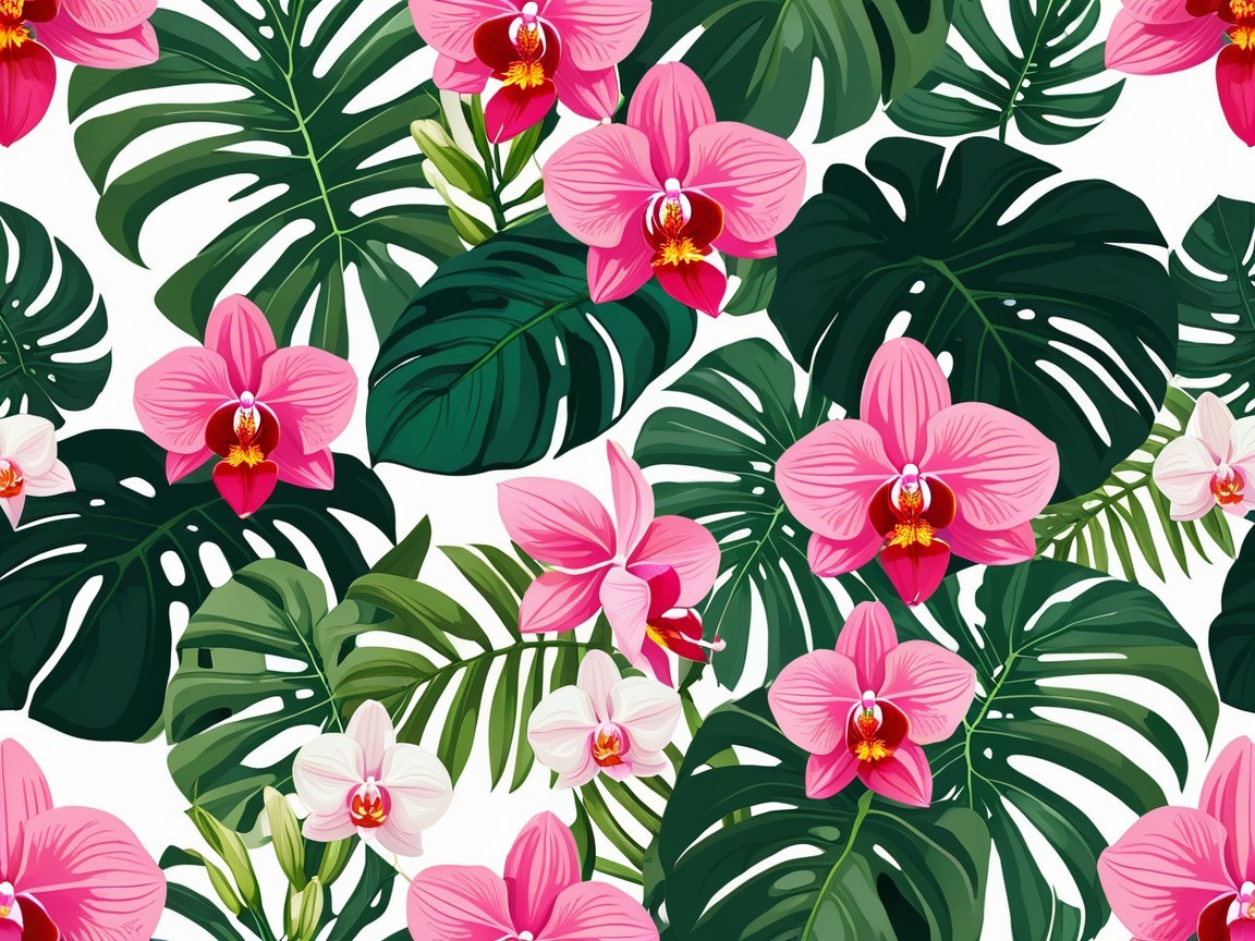 Tropical Pattern of Green Leaves and Pink Orchids