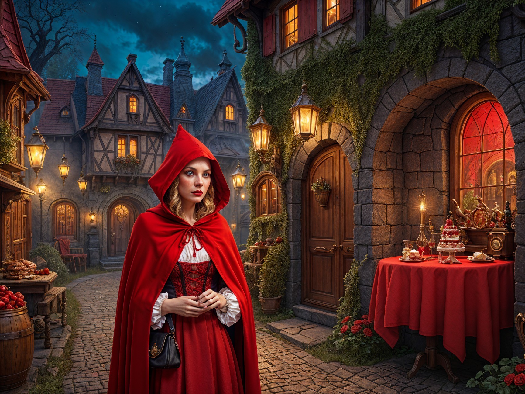 Young woman in red cloak in enchanting village scene