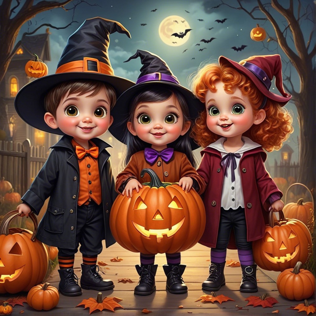 Children in Halloween Costumes with Pumpkins and Bats
