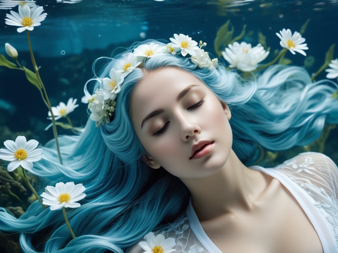 Underwater Scene of a Woman with Blue Hair and Flowers