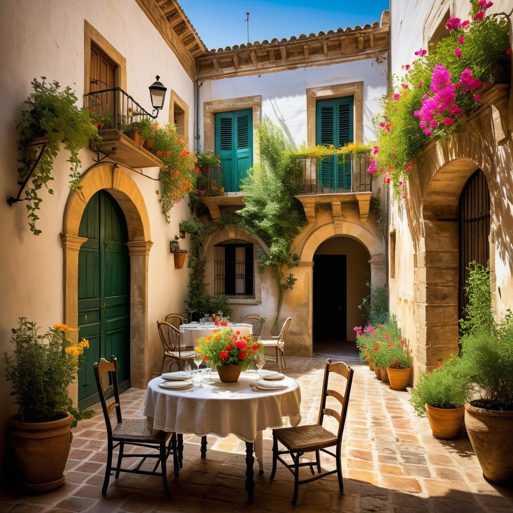 Charming Courtyard with Rustic Dining Table and Greenery