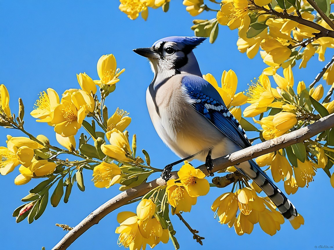 Blue Jay on Branch with Yellow Flowers and Clear Sky