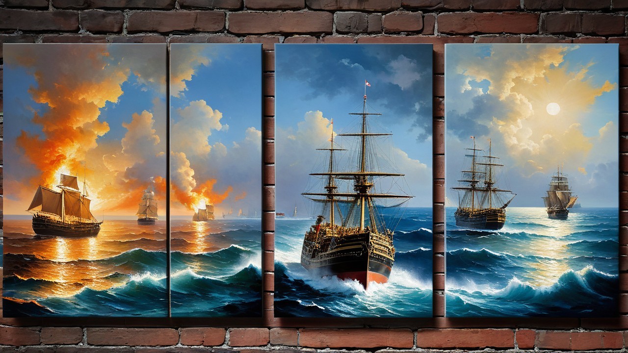 Dramatic Triptych of Sailing Ships in Colorful Seas