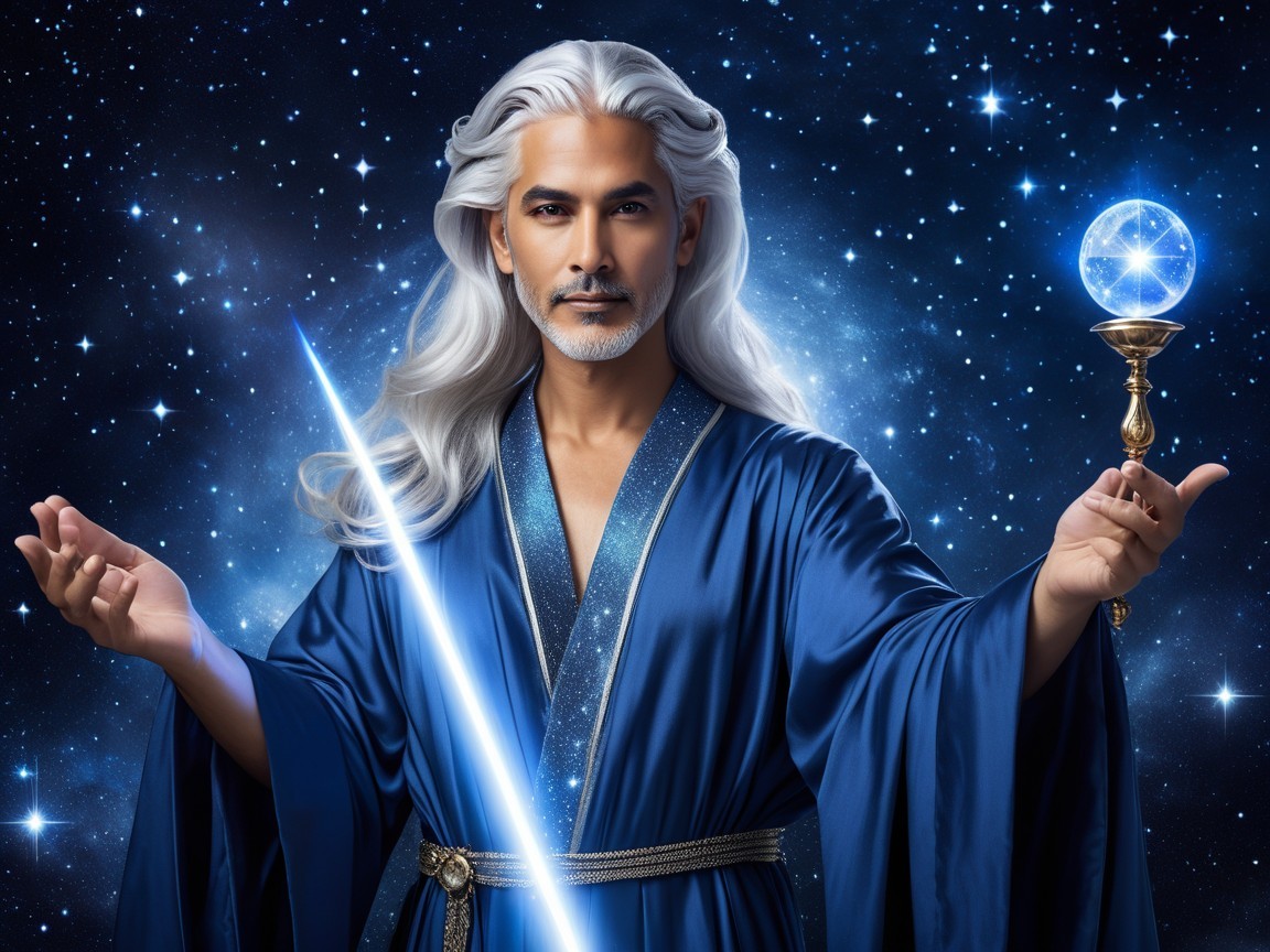 Mystical figure in cosmic setting with glowing orb