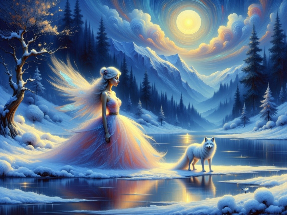 Ethereal Woman by Icy Lake in Winter Landscape