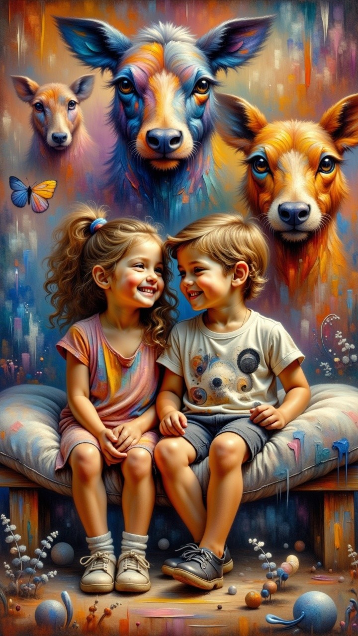 Children on a Bench with Colorful Animal Background